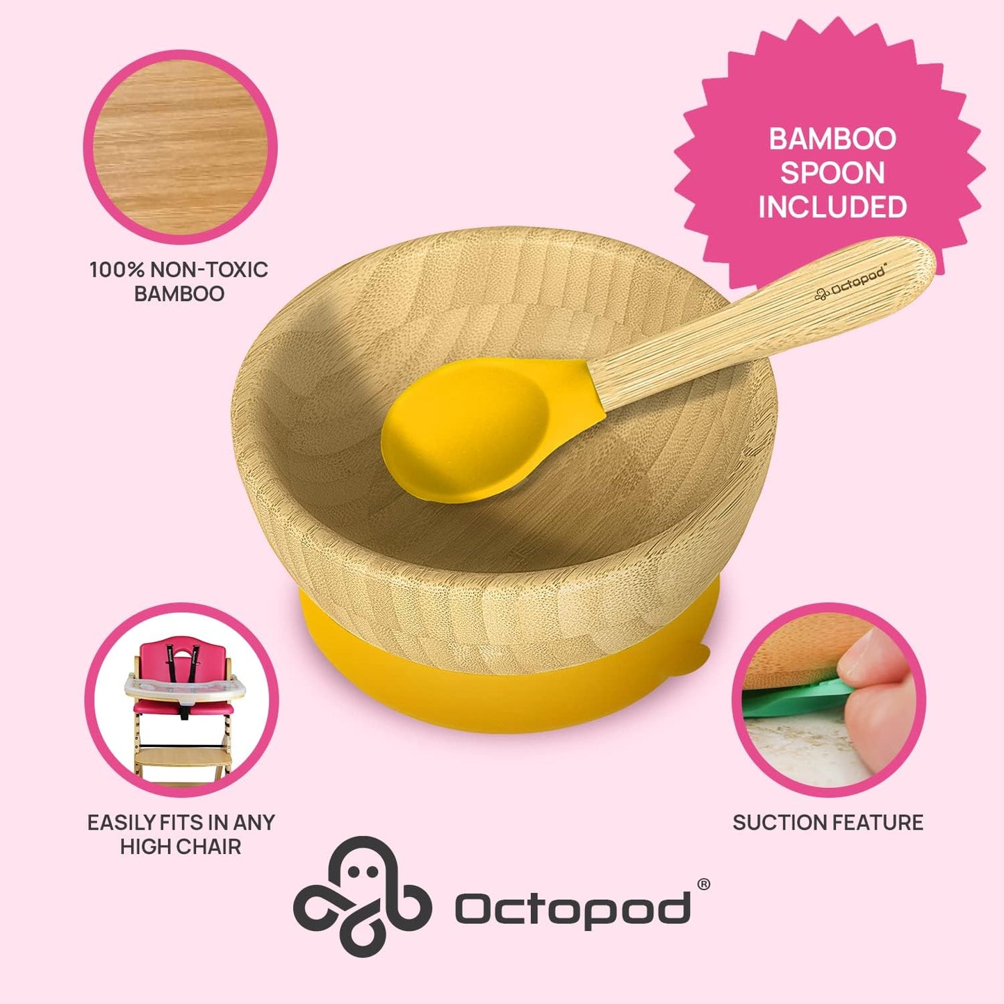Abiie Octopod Bamboo Baby Bowl Set for 4 Months and Up – Mess-Free High Chair Suction Bowl with Spoon for Toddlers and Kids - Ergonomic Baby Feeding Essentials - 5.7" x 3" x 5.7" - Pink