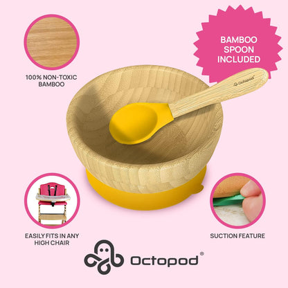 Abiie Octopod Bamboo Baby Bowl Set for 4 Months and Up – Mess-Free High Chair Suction Bowl with Spoon for Toddlers and Kids - Ergonomic Baby Feeding Essentials - 5.7" x 3" x 5.7" - Pink