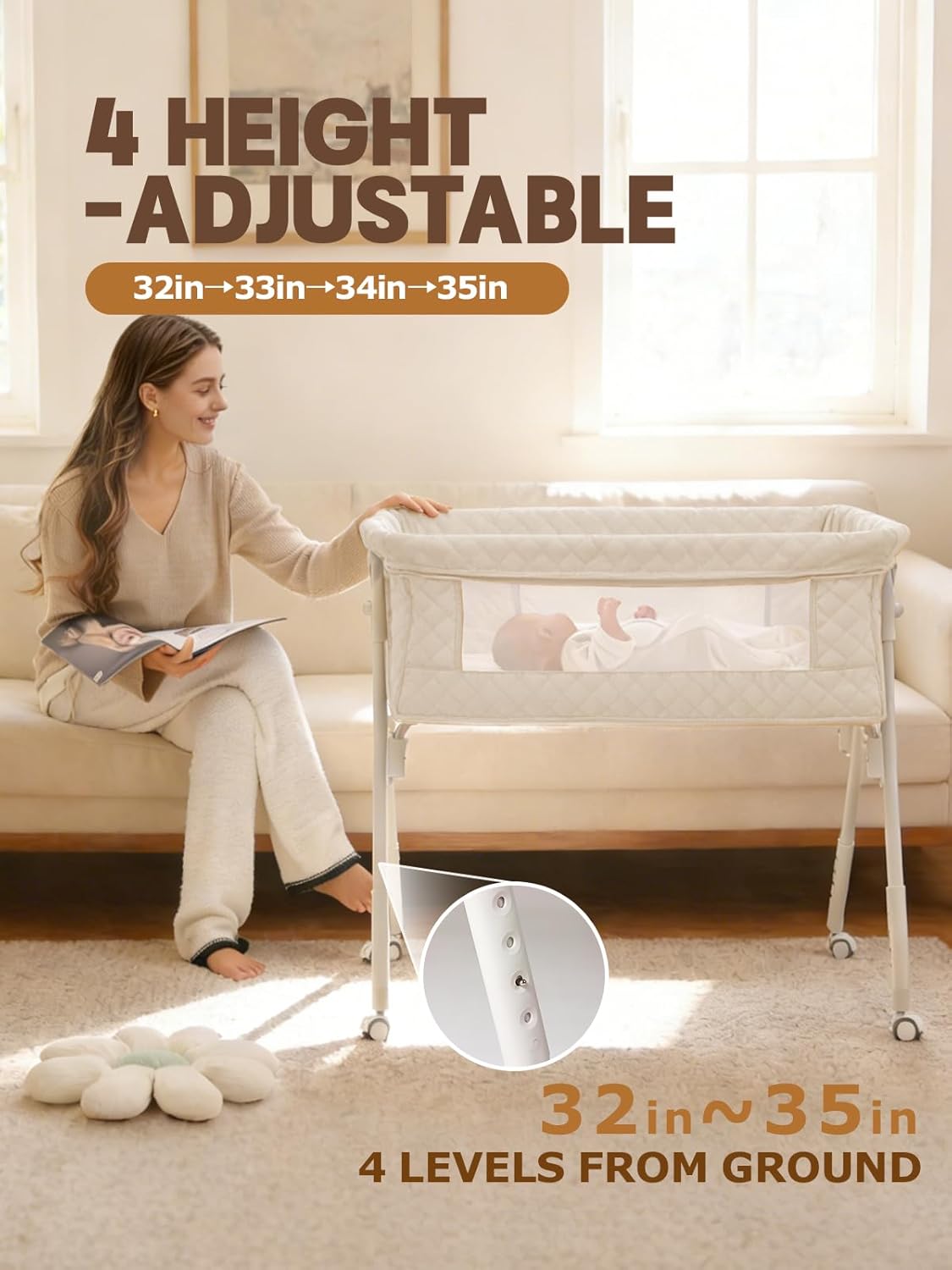Baby Bassinet Bedside Sleeper - Upgrade Safety Bassinets with Crib Sheet, Easy to Move, 4 Adjustable Height Bedside Bassinet for Infant Newborn, Cream | More Safer, Easy Move, Storage Bag, Waterproof Sheet, Storage Bag, Easy to Install