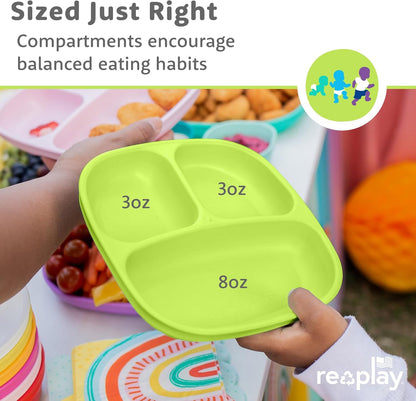 Re-Play Toddler Plates with Dividers - Deep-Walled 3 Compartments Divided Plates for Kids - Dishwasher & Microwave Safe - Made in USA - Set of 3-7.37" x 7.37" x 1.25" - Beach Baby