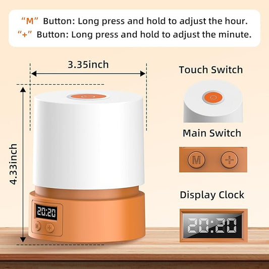 Nursery Night Light with Clock for Kids, Touch Lamp Bedside Desk Lamp, Portable Breastfeeding Night Lamp for Baby, 3 Color Stepless Dimming Up for Restaurant,Bedroom,Rechargeable (Orange)