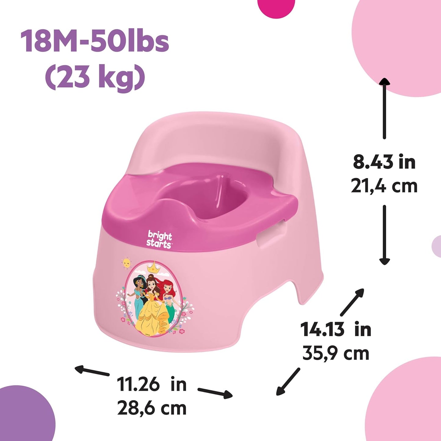 Bright Starts Disney Princess Full Comfort Potty Training Toilet, Easy Clean Removable Bowl, Splash Guard, High Back for Comfort & Stability, Toddlers up to 50 lbs