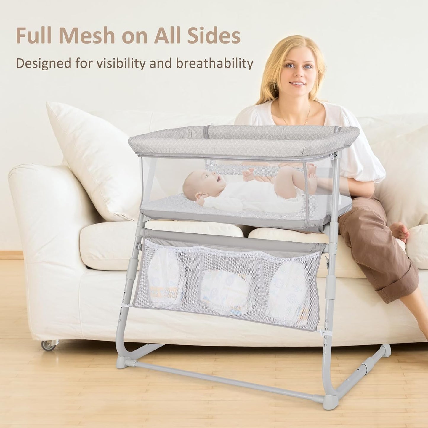 INFANS Over Bed Bassinet for Baby, Bedside Sleeper with Lowering Wall for Easy Access, Safe Close Sleeping, Adjustable Height, Storage, Newborn Infant Girls Boys (White)