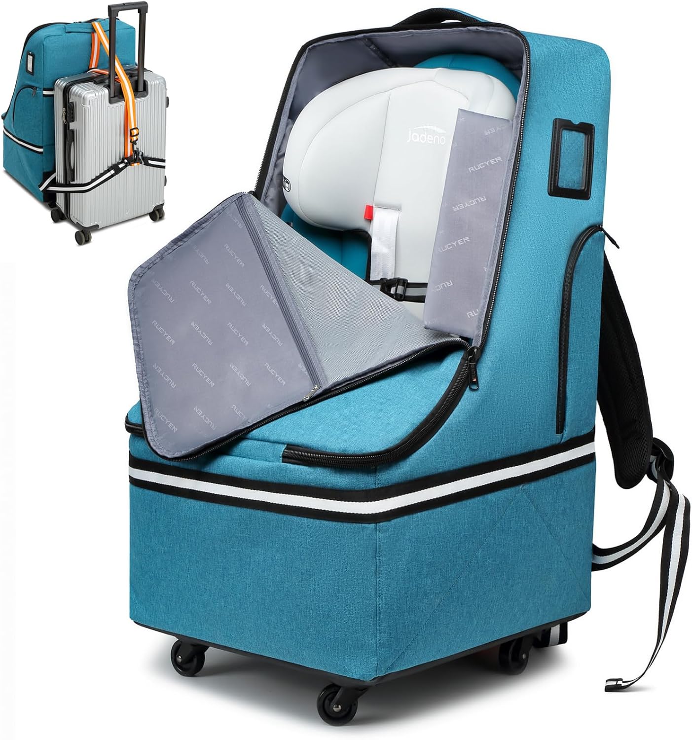 RUCYEN Rolling Car Seat Travel Bag, Padded Carseat Travel Backpack for Airplane,Large Durable Travel Bag with 4 Wheels,Adjustable Shoulder Strap and Waterproof Base Dark Grey