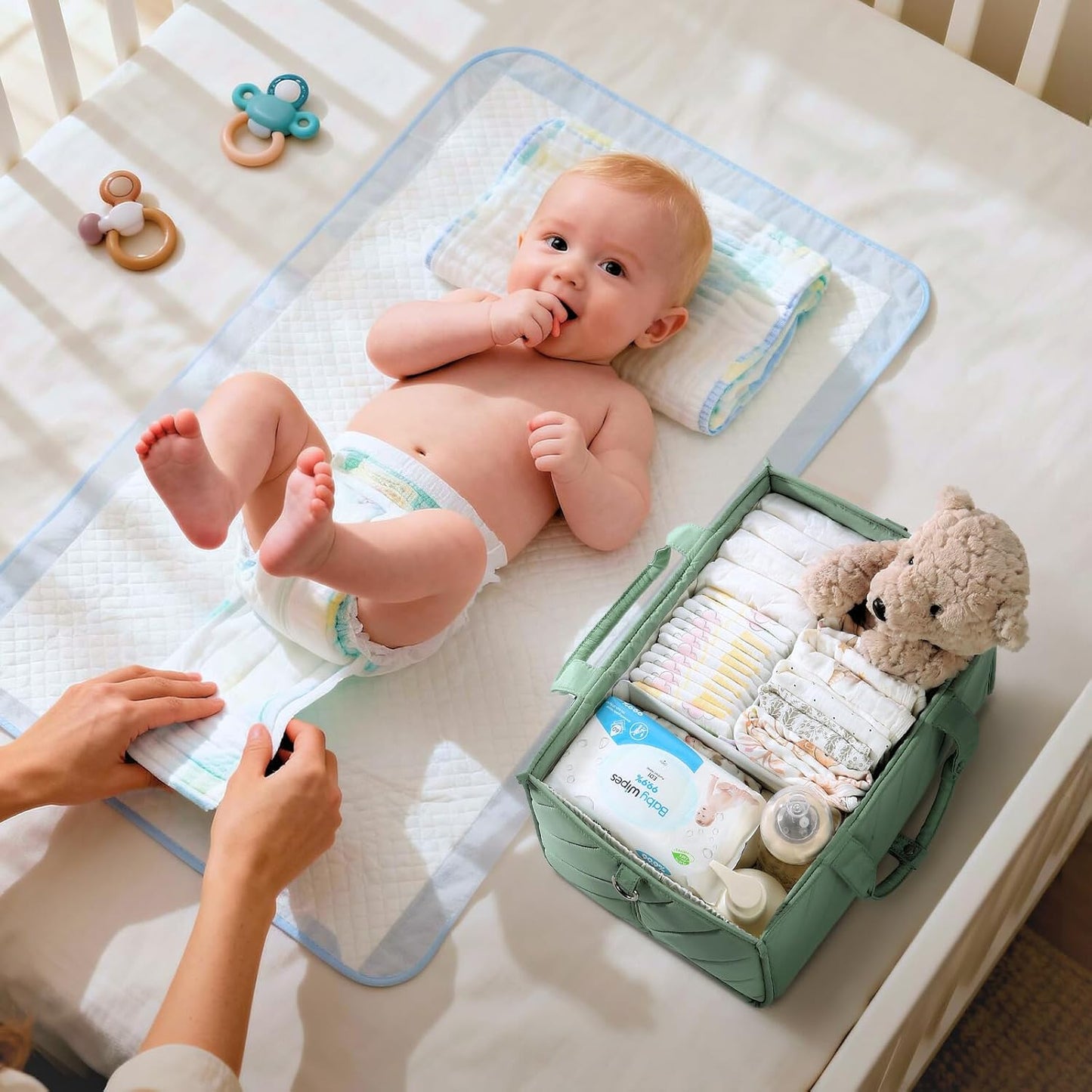 Baby Boy Essentials Diaper Caddy Organizer – Portable Storage Basket with Shoulder Strap & Stroller Hooks, Splashproof Quilted Nursery & Car Tote, Baby Gifts for Baby Shower, Classic Blue