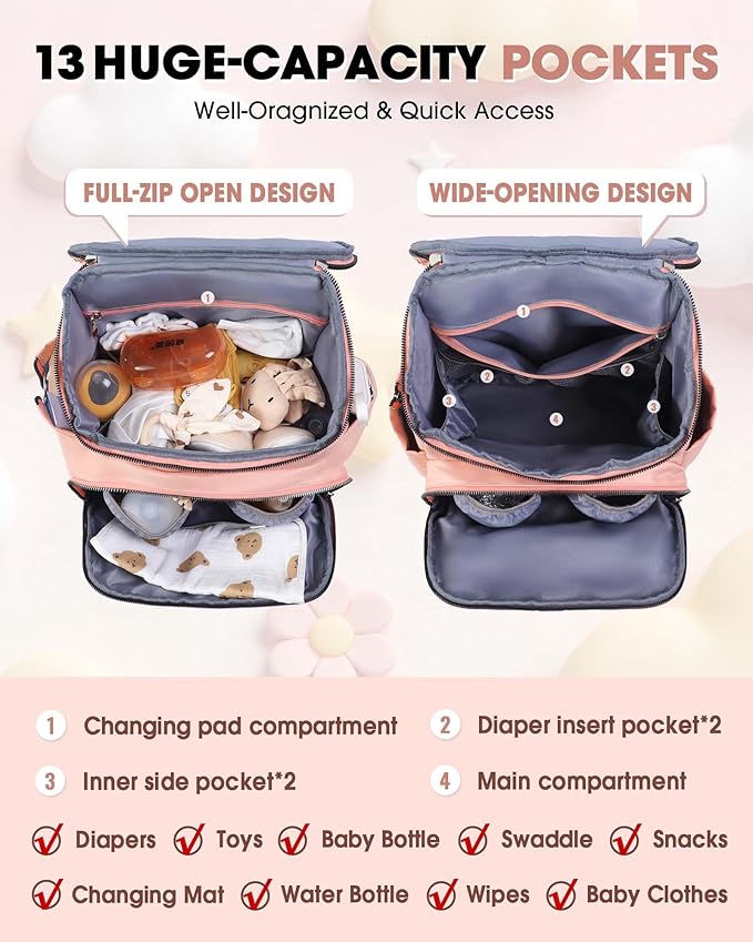 Diaper Bag Backpack, Large Baby Bag for Girl Boy, Travel Diaper Backpack with Insulated Pocket, Cute Diaper Bag Stroller Straps, Baby Shower & Registry Gift for Mom Dad Pink