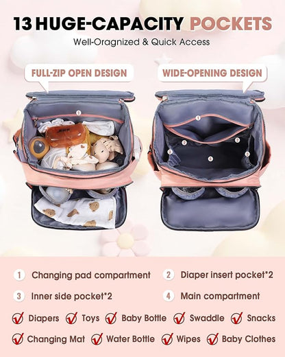 Diaper Bag Backpack, Large Baby Bag for Girl Boy, Travel Diaper Backpack with Insulated Pocket, Cute Diaper Bag Stroller Straps, Baby Shower & Registry Gift for Mom Dad Pink