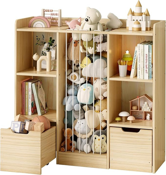 Toy Storage Organizer with Stuffed Animal Storage, Solid Pine Wooden Toy Organizer & Stuffed Animal Zoo, 4 Cubes Shelf with 2 Movable Drawers, 4 -in-1 Book Shelf for Kids Room, Playroom, Nursery
