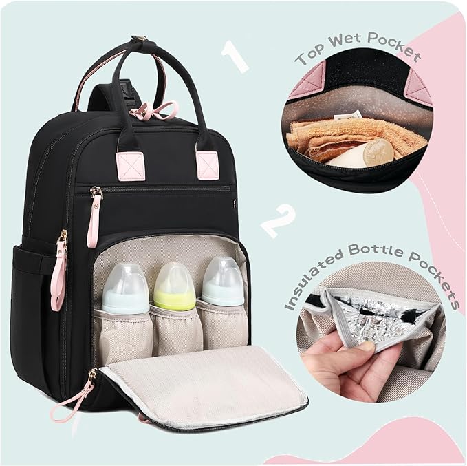 LORADI 18 Pockets Large Diaper Bag Backpack with 4 Insulated Pockets and Stroller Clips, Baby Shower Essentials (Black, Large)