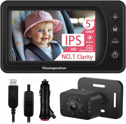 Baby Car Camera USB with No.1 Clarity, 5'' HD 1080P IPS Baby Car Monitor with 3X Zoom, Backseat/Carseat/Rear Seat Camera with Ultra Night Vision, Easy No-Damage Install, S100P(5inch Black)