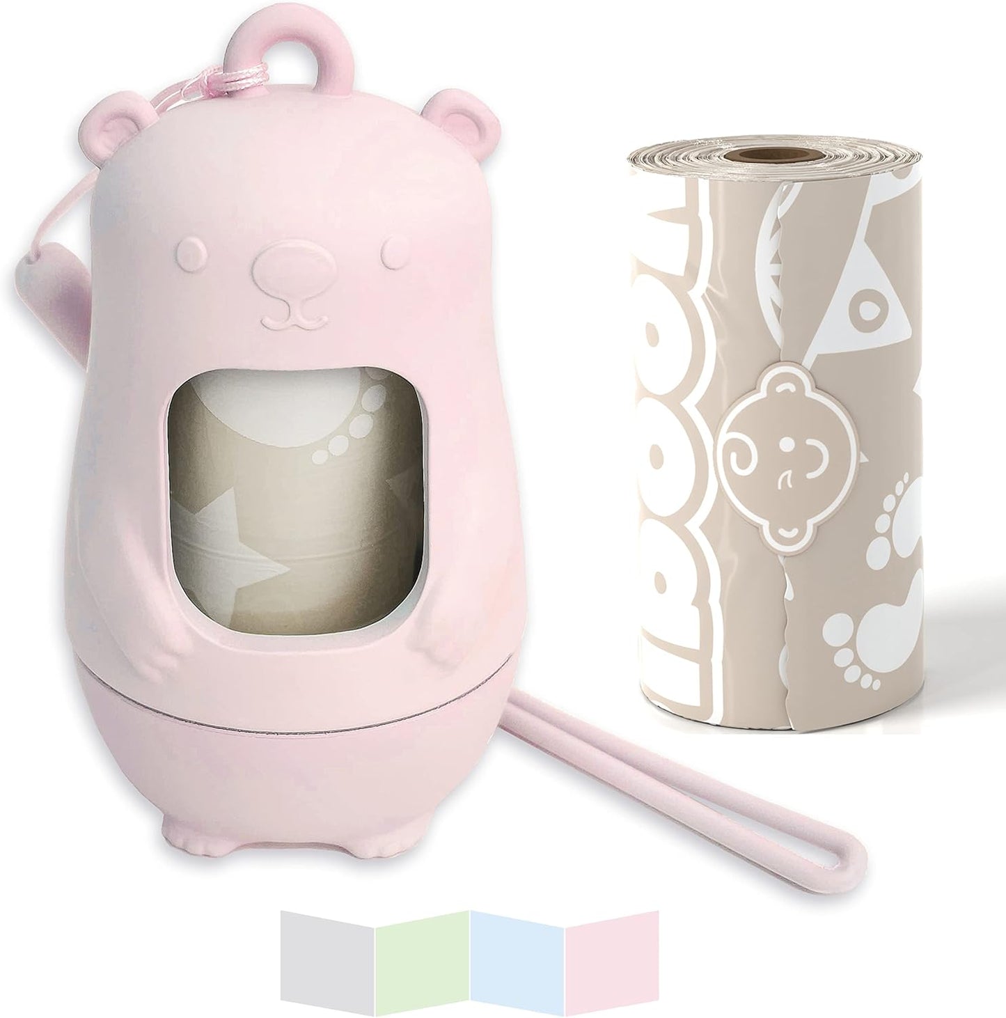 Moodie Teddy Bear Dispenser | Diaper Trash Bags on the Go Dispenser w/Silicon Strap | 15 UNSCENTED Baby Poop Bags per Roll | Dirty Diaper Bag Dispenser Disposable | Diaper Waste Bags (PINK)