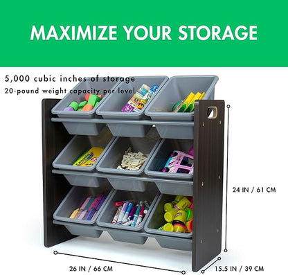 Humble Crew 9-Bin Toy Organizer – Sumatra Espresso/Grey Plastic Bins, 3-Tier Storage Solution for Kids' Playrooms and Nurseries