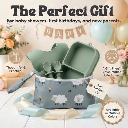 Baby Travel Essentials 6 Pc Silicone Feeding Set - Portable Toddler Plates with Suction, Baby Spoons & Foldable Bib in Carrying Case - BPA-Free Infant & Toddler Utensils for Airplanes & Eating Out