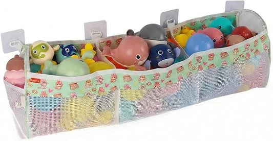 Bath Toy Storage Organizer, 3 Compartments Bath Toy Holder, Large Capacity & Quick-Drying Mesh for Bathtub and Shower, Strong sticky Hooks for Easy Access