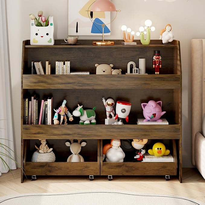 COZPAW Toy Storage Organizer, 3 Tier Montessori Shelf with Movable Bins (Brown)