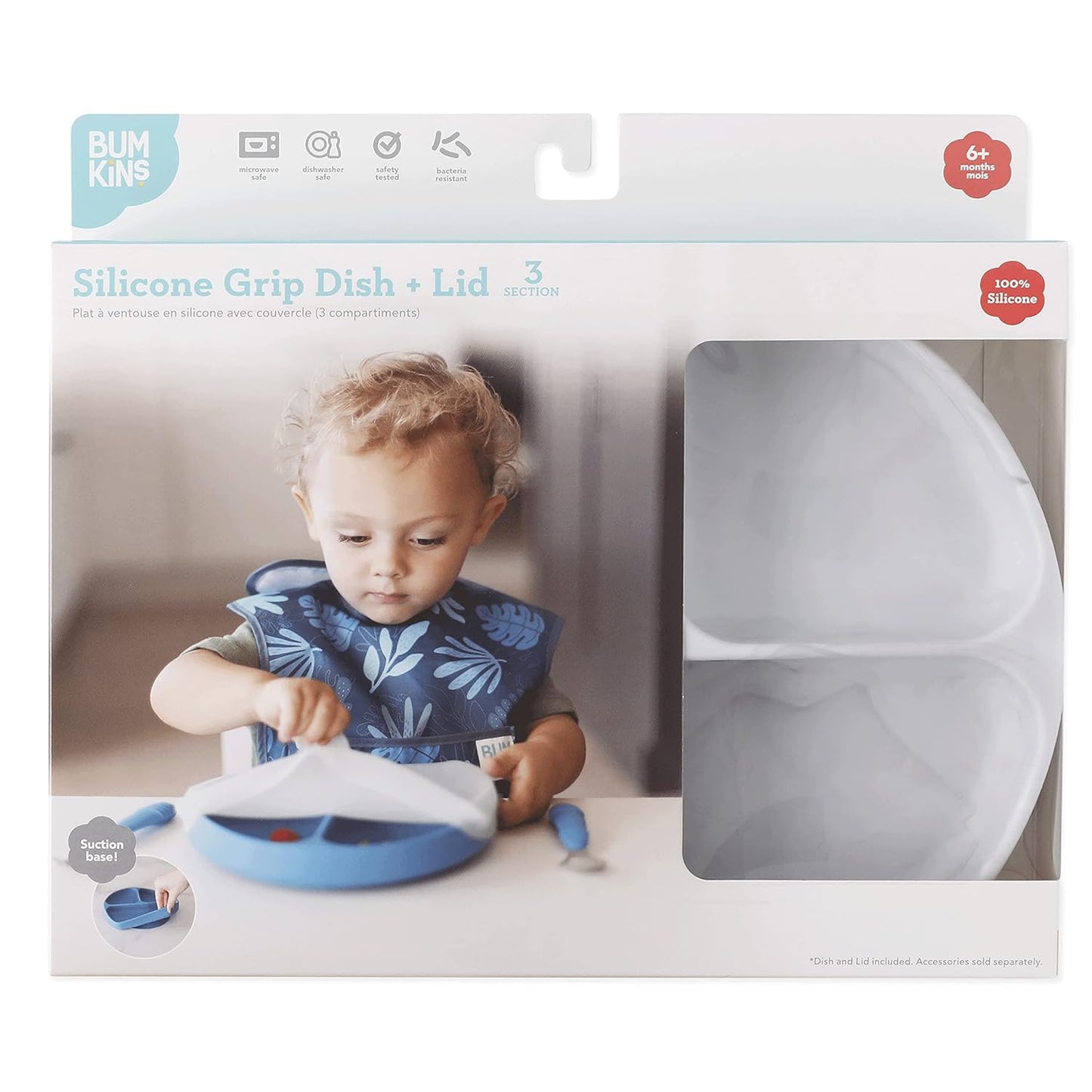 Bumkins Toddler and Baby Suction Plate, Divided Grip Dish for Babies and Kids, Baby Led Weaning, Feeding Supplies, Sticks to Tables and Highchairs, Platinum Silicone, for Chidren 6 Months, Gray