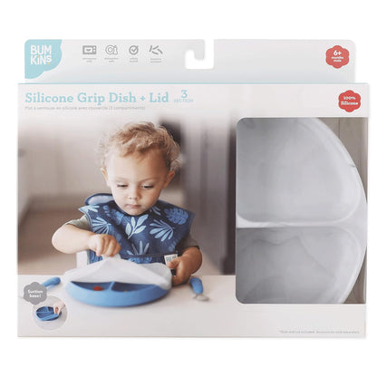 Bumkins Toddler and Baby Suction Plate, Divided Grip Dish for Babies and Kids, Baby Led Weaning, Feeding Supplies, Sticks to Tables and Highchairs, Platinum Silicone, for Chidren 6 Months, Gray