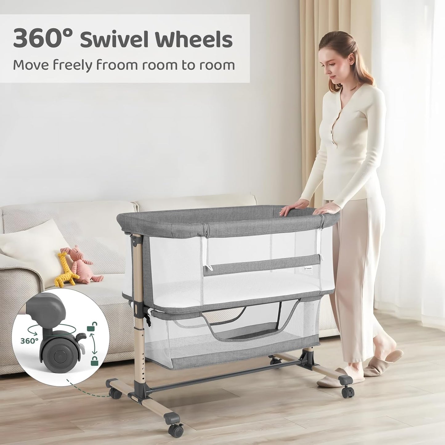 Cowiewie Bassinet Bedside Sleeper, Portable, Breathable, Adjustable Baby Bedside Bassinet for Peaceful Nights, Light Grey