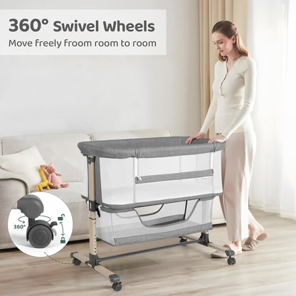 Cowiewie Bassinet Bedside Sleeper, Portable, Breathable, Adjustable Baby Bedside Bassinet for Peaceful Nights, Light Grey
