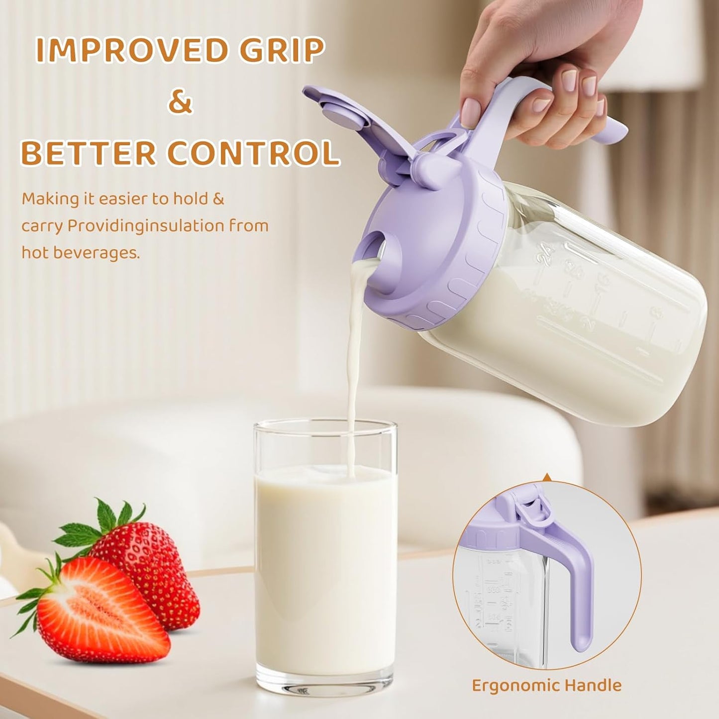 OneDream Breast Milk Pitcher 32oz Glass Pitcher with Lid, Formula Pitcher Leakproof Drip-Free Spout, Wide Mouth Mason Jar Pitcher for Easy Pouring, Dishwasher Safe Breastmilk Storage Pitcher
