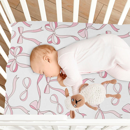 Fitted Crib Sheets Pink Checkered and Bows Stretchy Portable Playard Sheets for Baby Toddler, Breathable Soft Mini Crib Mattress 39 x 27 in for Boys and Girls