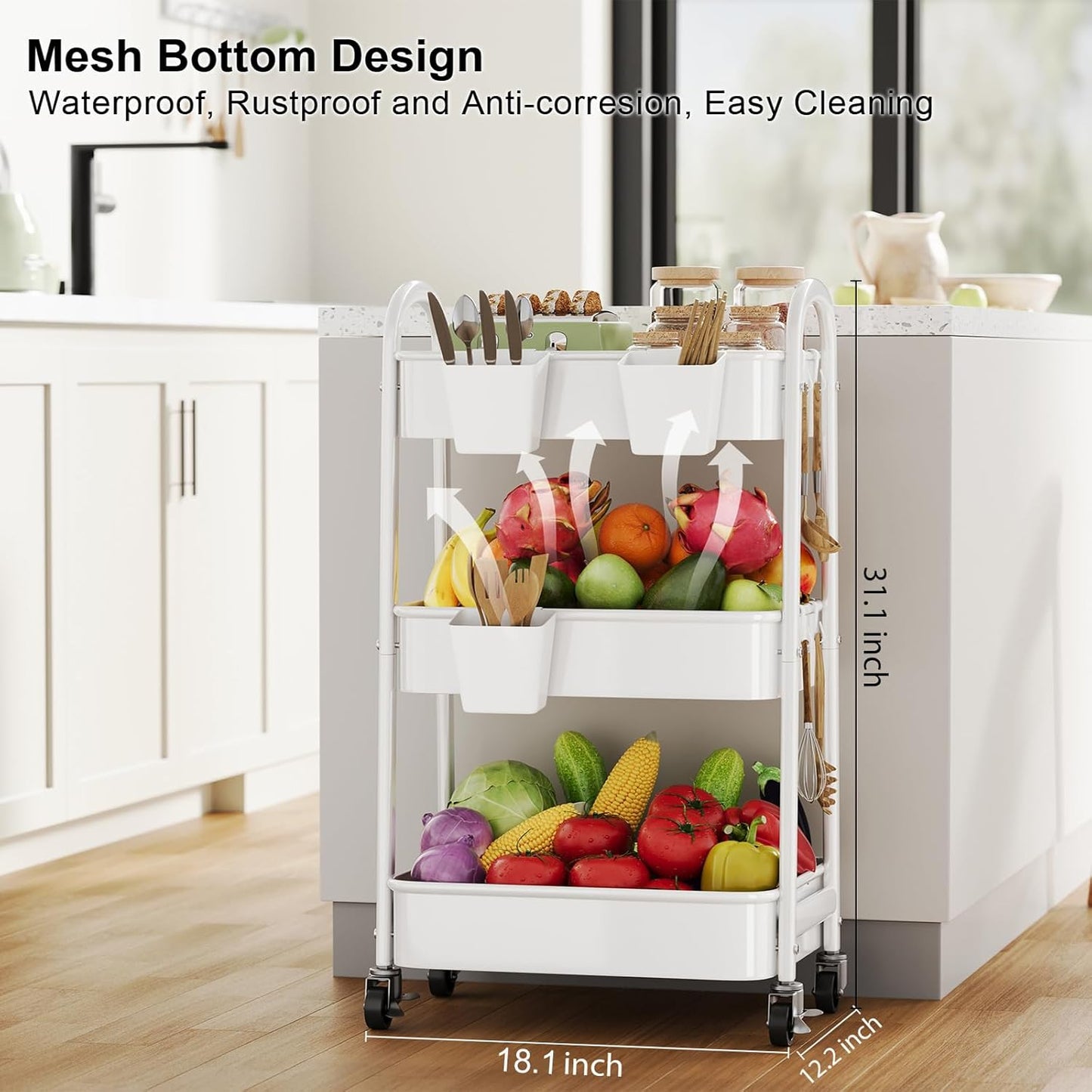 Beige 3 Tier Rolling Cart Metal on Wheels, Three Tiered Storage Organizer Utility Trolley with Wheels for Art, Craft, Baby Diaper Caddy, Snack, Book, Nail, Lash, Cleaning Supplies, Kitchen, Bathroom