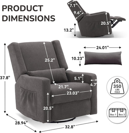 Tbfit Nursery Rocking Chair,360°Swivel Recliner Chair with Lumbar Support for Bedroom, Comfy Upholstered Armchair with Pillows & Footrest for Living Room & Baby Room