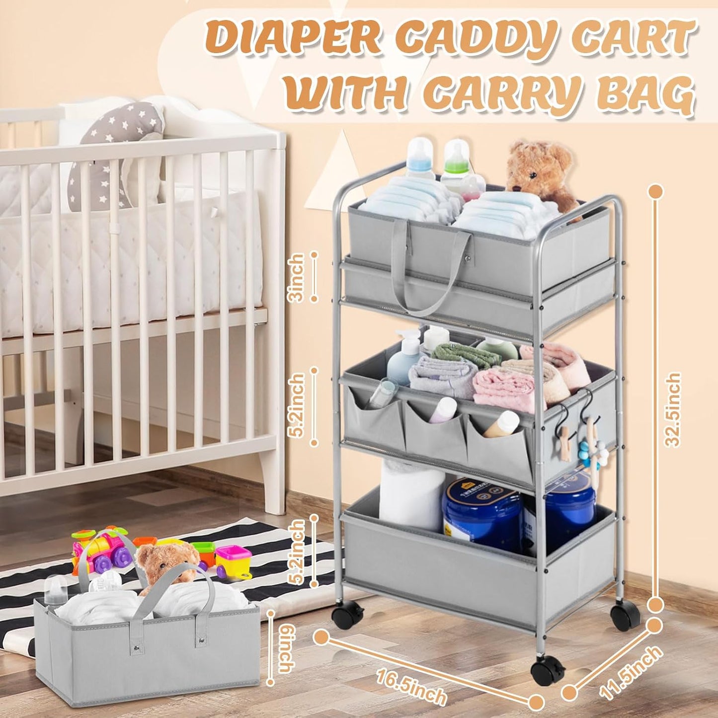 Honeydak 2in1 Baby Diaper Caddy Organizer Cart 3 Tier Large Capacity Metal Utility Bedside Rolling Cart with Divider Newborn Registry Nursery Essential Must Have Crib Bedroom Baby Shower(Green)