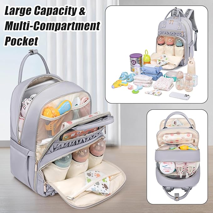 Tealari Diaper Bag Backpack,Stylish Baby Diaper Bag,Waterproof Travel Diaper Backpacks Baby Bags with Changing Pad,Stroller Straps,Insulated Pockets (Gray)