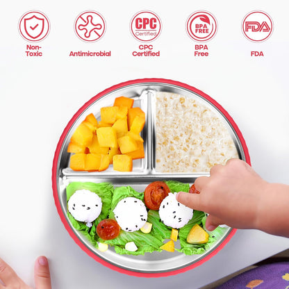 Stainless Steel Kids Plates with Suction, 2Pack 9" Divided Toddler Plates Removable Non Slip Silicone Sleeves Baby Feeding Led Weaning Supplies, BPA Free, Unbreakable Dishwasher Safe