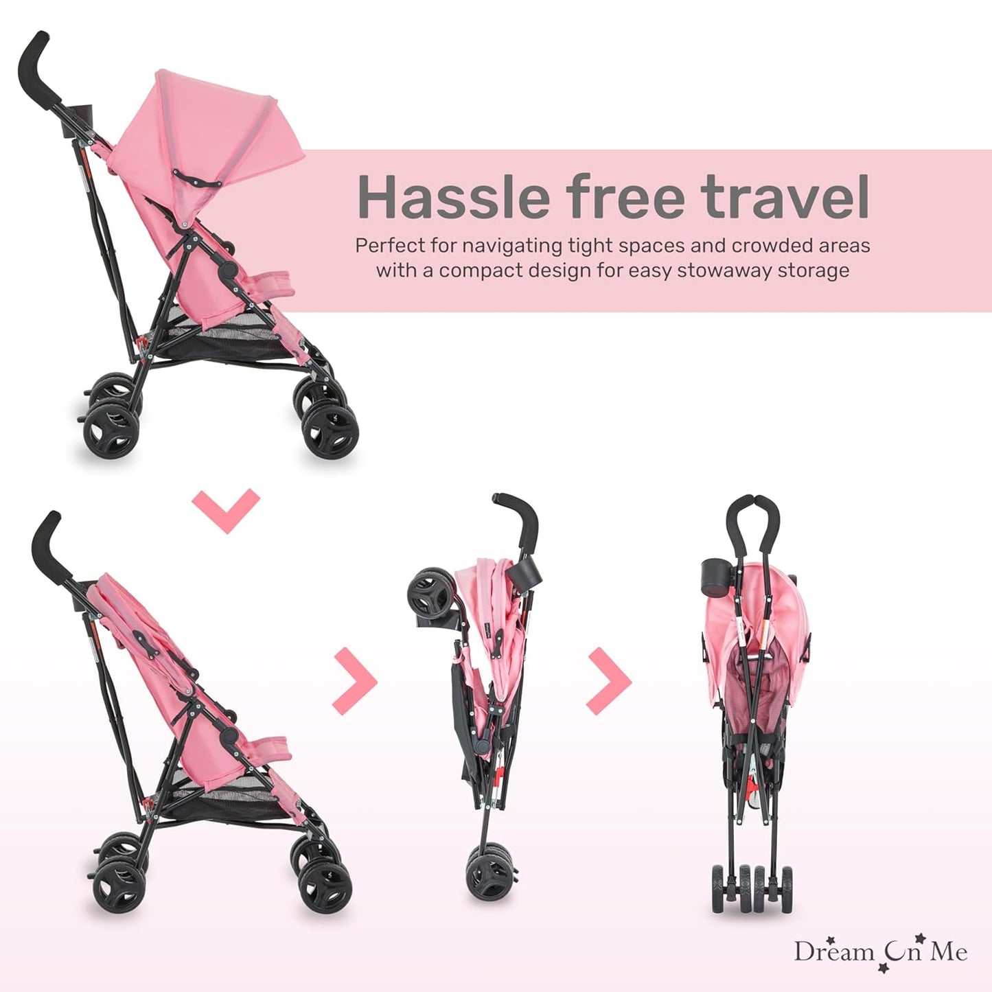 Dream On Me Rover Convenience Baby Stroller – Lightweight & Compact Travel Umbrella Stroller, Quick One-Hand Fold, Lockable Rear Wheels, Adjustable Canopy, 3-Point Safety Harness & Cup Holder – Grey