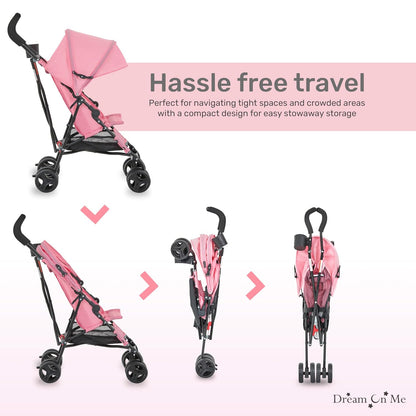 Dream On Me Rover Convenience Baby Stroller – Lightweight & Compact Travel Umbrella Stroller, Quick One-Hand Fold, Lockable Rear Wheels, Adjustable Canopy, 3-Point Safety Harness & Cup Holder – Grey
