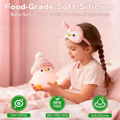 Penguin Silicone Night Light, Cute Pink Penguin Lamp with Hat, Nursery Nightlight for Baby , Rechargeable/Dimmable,LED Squishy Novelty Animal Bedside Touch Lamp,Funny Christmas Gifts for Kids/Girls