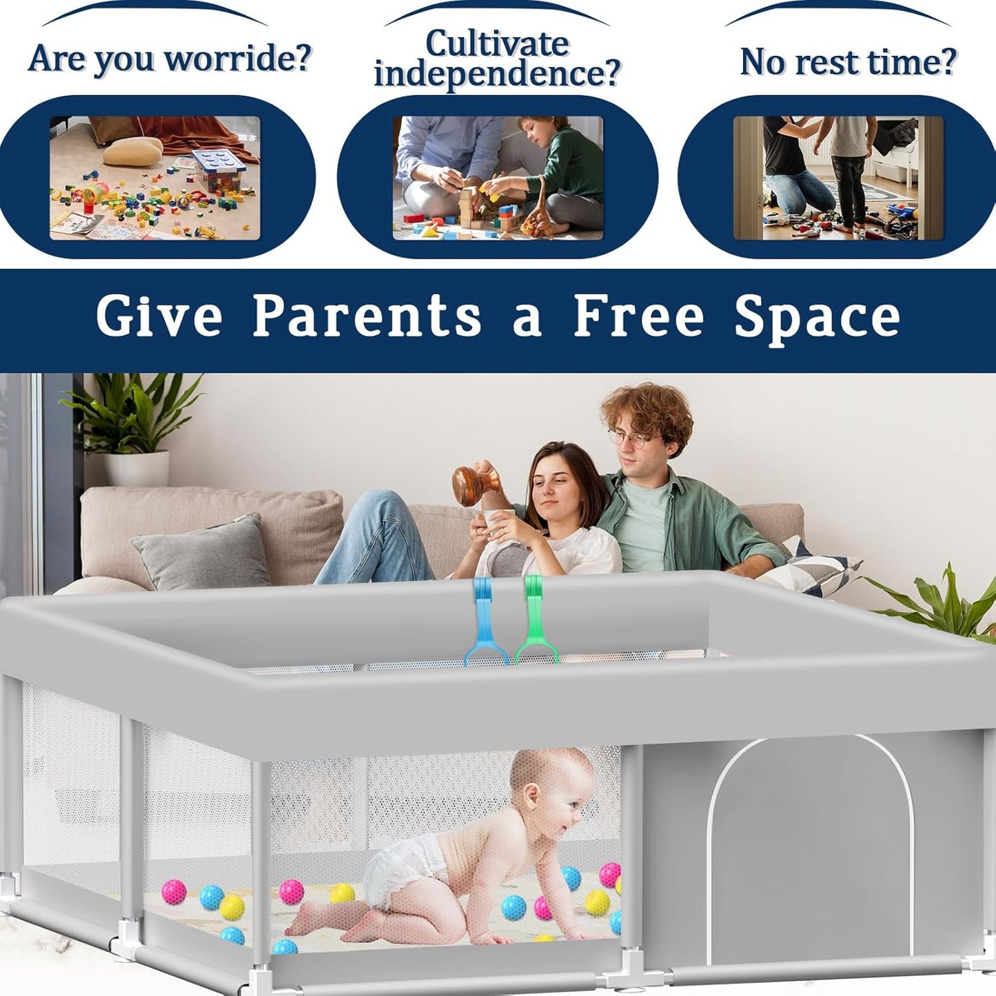 Baby Playpen with Mat, 50x50 Inch Playpen with Mat Waterproof for Babies and Toddlers Play Pen Playards Safety Gate Fence Active Center Indoor