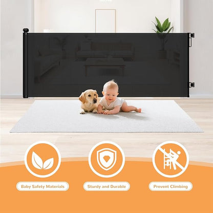 Retractable Baby Gate for Stairs - 34" Tall Extends to 55" Wide Mesh Baby Gate with Anti-Crawling Hook, Adjustable Baseboard Bracket, Pet Gate for Doorways, Hallways, Indoor & Outdoor, Black