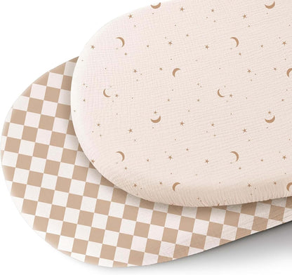Konssy Muslin Fitted Bassinet Sheets 2 Pack for Baby Girl Boy, Soft Bedside Sleeper Bassinet Sheets Fit for Baby Bassinets, Moses Basket Oval Rectangle Pad/Mattress