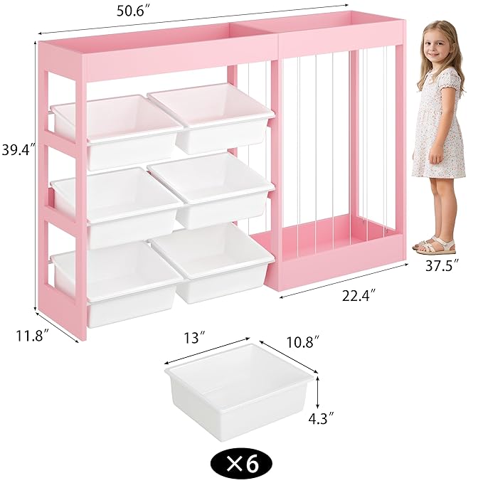 50.6" W Toy Organizers and Storage, 3-in-1 Kids Toy Storage Cabinet with Stuffed Animal Holder, 6 Plastic Removable Bins, Wooden Shelf for Girls Boys Playroom, Nursery, Kids Room(Pink)