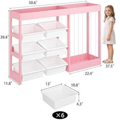 50.6" W Toy Organizers and Storage, 3-in-1 Kids Toy Storage Cabinet with Stuffed Animal Holder, 6 Plastic Removable Bins, Wooden Shelf for Girls Boys Playroom, Nursery, Kids Room(Pink)