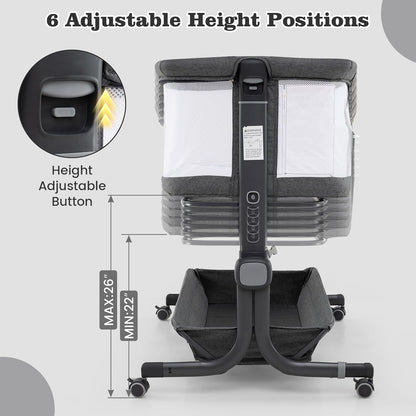 INFANS 3 in 1 Baby Bassinet, Bedside Sleeper with Comfy Mattress, Wheels, 6 Height Adjustable, Storage Basket, Travel Bag, Portable All Mesh Crib for Newborn Infant (Dark Grey)