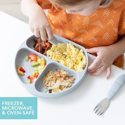 Bumkins Toddler and Baby Suction Plate, Divided Grip Dish for Babies and Kids, Baby Led Weaning, Feeding Supplies, Sticks to Tables and Highchairs, Platinum Silicone, for Chidren 6 Months, Gray