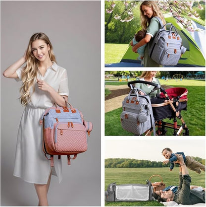 Diaper Bag Backpack, Multifunction Travel Baby Bag, Waterproof Tote Backpack with USB Port, Pacifier Case and Stroller Straps, Newborn Essentials for Moms Dads, Girls, Gray Pink