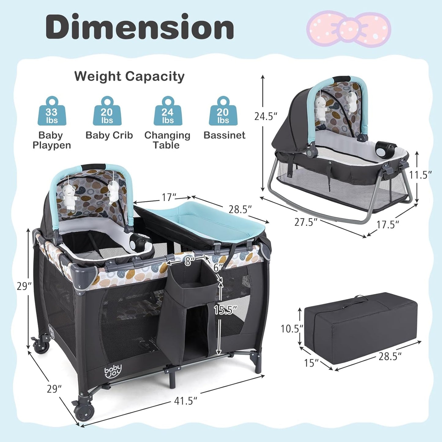 BABY JOY 5 in 1 Pack and Play, Portable Nursery Center Baby Playard w/Bassinet & Diaper Changing Table, Bag, Infant Bassinet Crib Activity Center for Baby Toddlers Indoor Outdoor (Royal Blue, Classic)