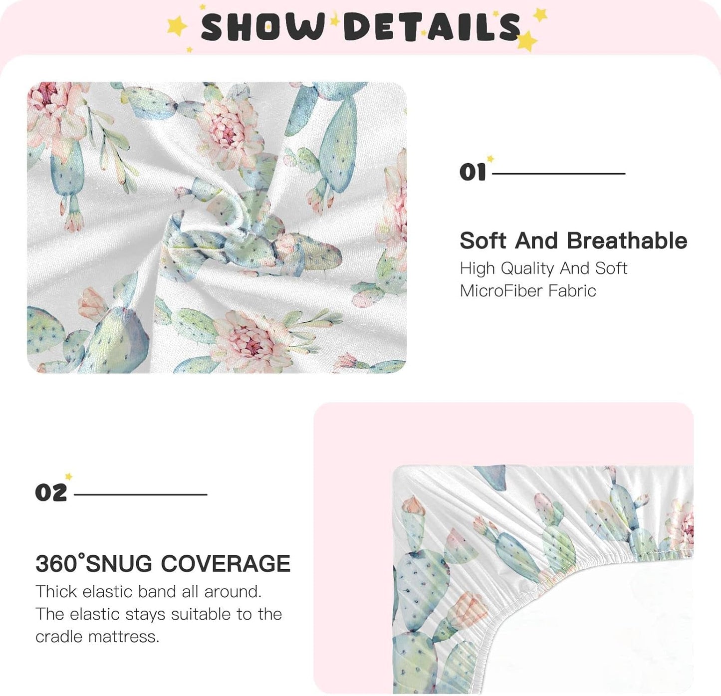 Fitted Crib Sheets Cactus and Floral Stretchy Portable Playard Sheets for Baby Toddler, Breathable Soft Mini Crib Mattress 52 x 28 in for Boys and Girls