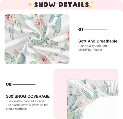 Fitted Crib Sheets Cactus and Floral Stretchy Portable Playard Sheets for Baby Toddler, Breathable Soft Mini Crib Mattress 52 x 28 in for Boys and Girls