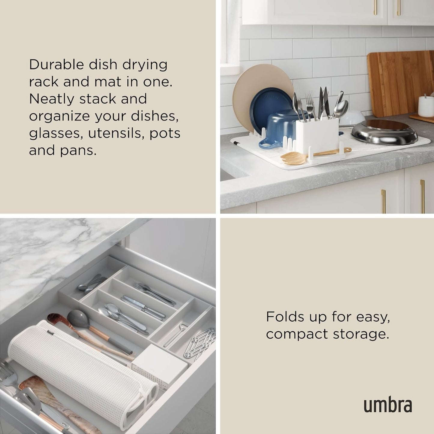 Umbra Udry Dish Rack and Microfiber Drying Mat – Space-Saving Design Folds Up for Easy Storage, Mini Rack, Gray