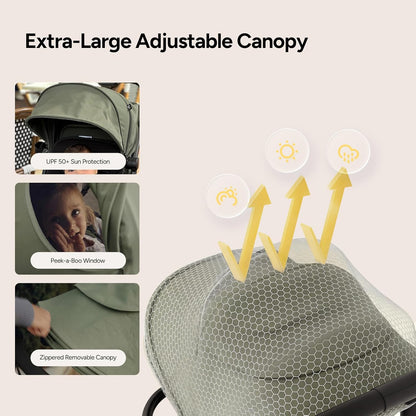 Neo Lightweight Travel Stroller with Snack Tray, Airplane-Friendly Compact Baby Stroller, One-Hand Fold Portable Stroller for Toddler 0-55lbs, Adjustable Recline Seat, UPF 50+ Canopy,Rain Cover