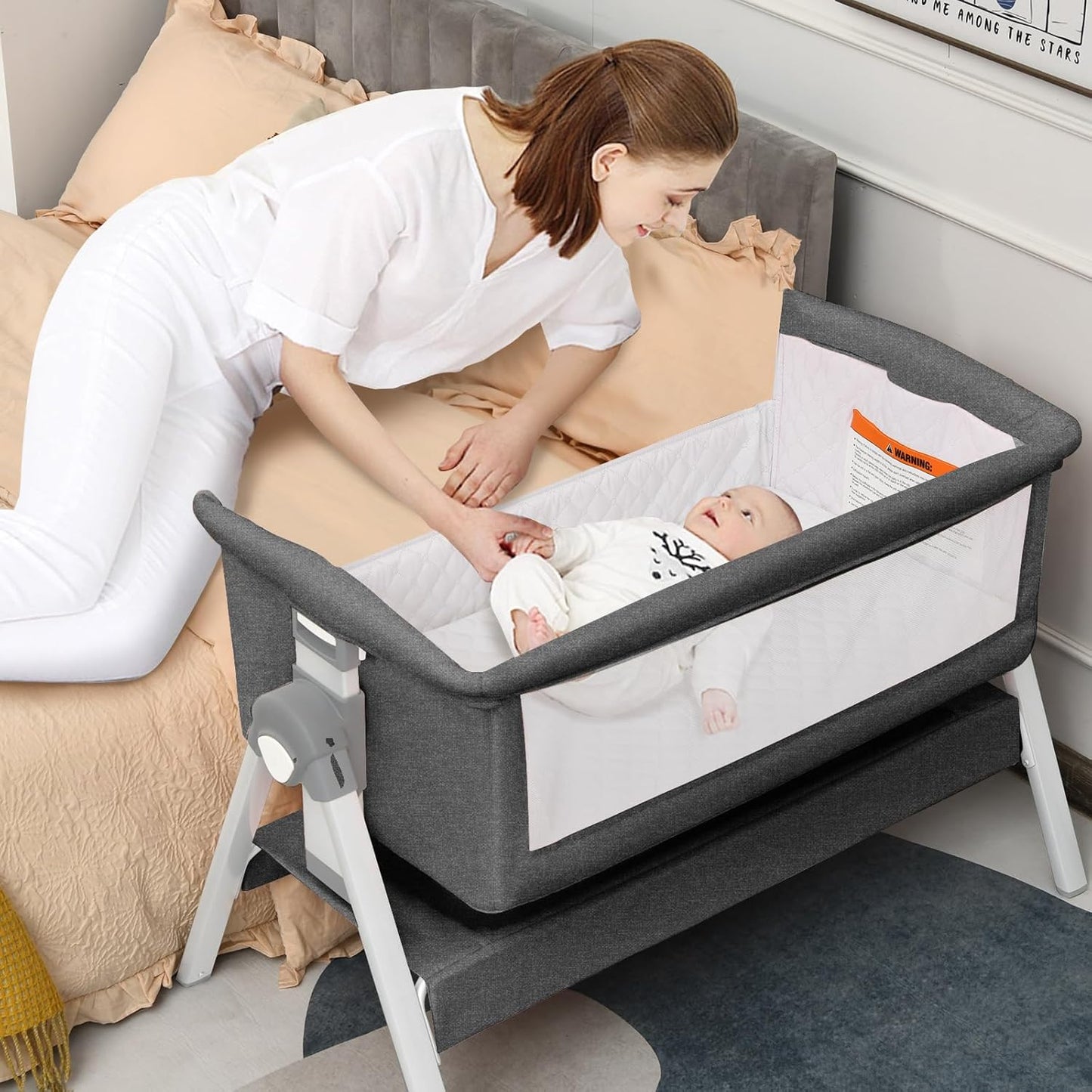 INFANS Baby Bassinet Bedside Crib, Newborn Sleeper w/Large Storage Basket, Adjustable Heights, Detachable &Washable Mattress, Breathable Mesh, Straps, Easy Moving Bed Side (Pink)