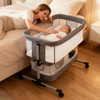 Bassinet Bedside Sleeper, 3-in-1 Baby Bedside Bassinet, 5 Height Adjustable Rocking Baby Crib, Breathable Full Mesh, Mosquito Net, Storage Basket, Stable and Secure Bassinets for Newborn Infant