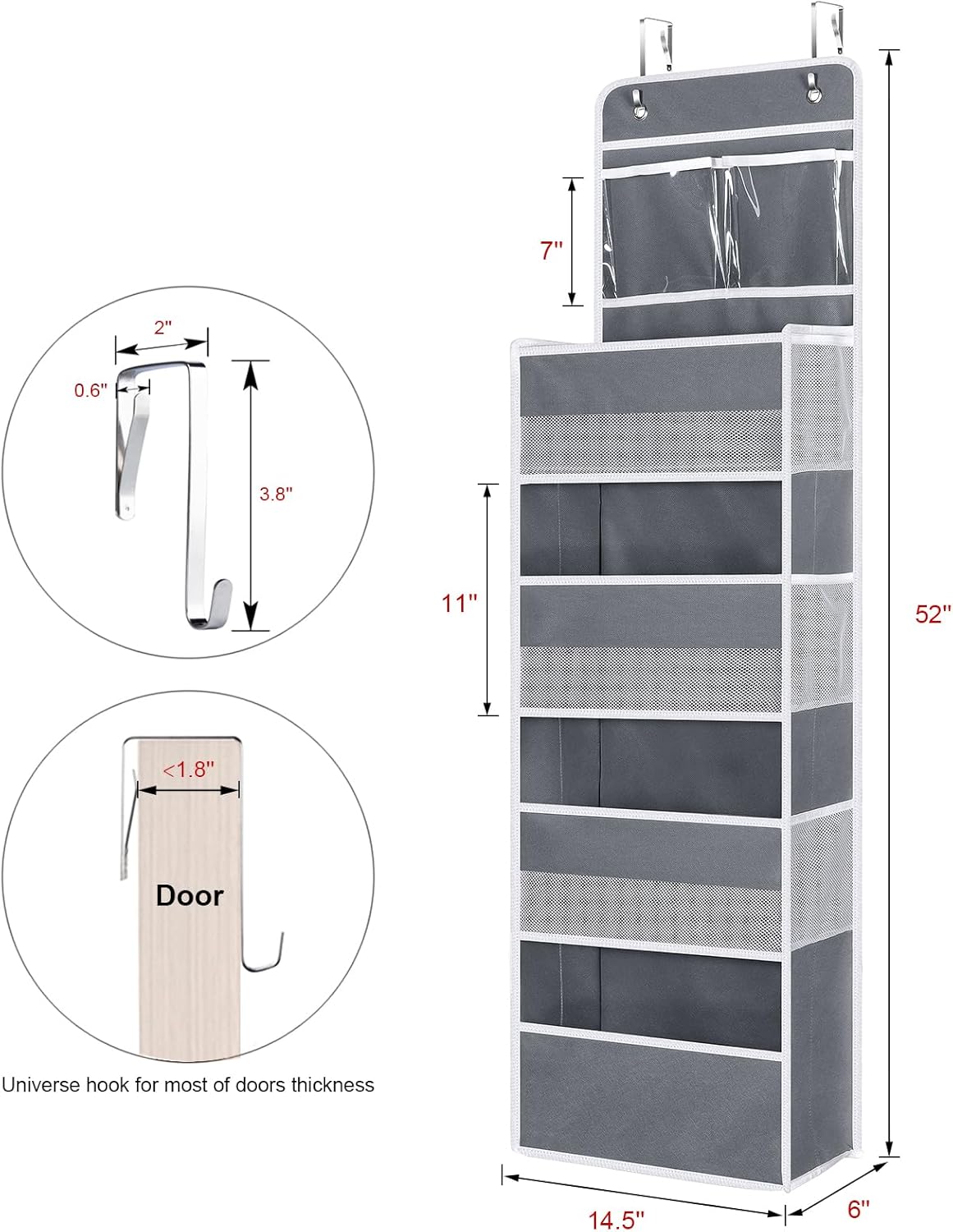 Univivi Over The Door Organizer, 5 Shelf Door Hanging Organizer Nursery Door Storage with 4 Large Compartments and 2 Small PVC Pockets 6 Side Pockets for Bathroom,Cosmetics and Nursery Baby Essential