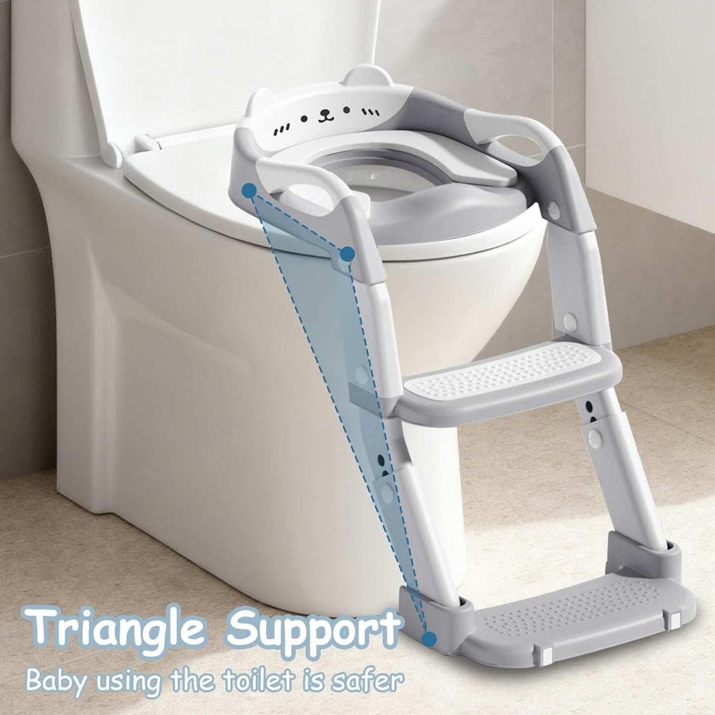 3-in-1 Baby Potty Training Seat with 2 Step Ladder, Splash Guard Anti-Slip Pad, Height Adjustable Toddler Toilet Seat with Soft Cushion for Kids Boys Girls(Grey)